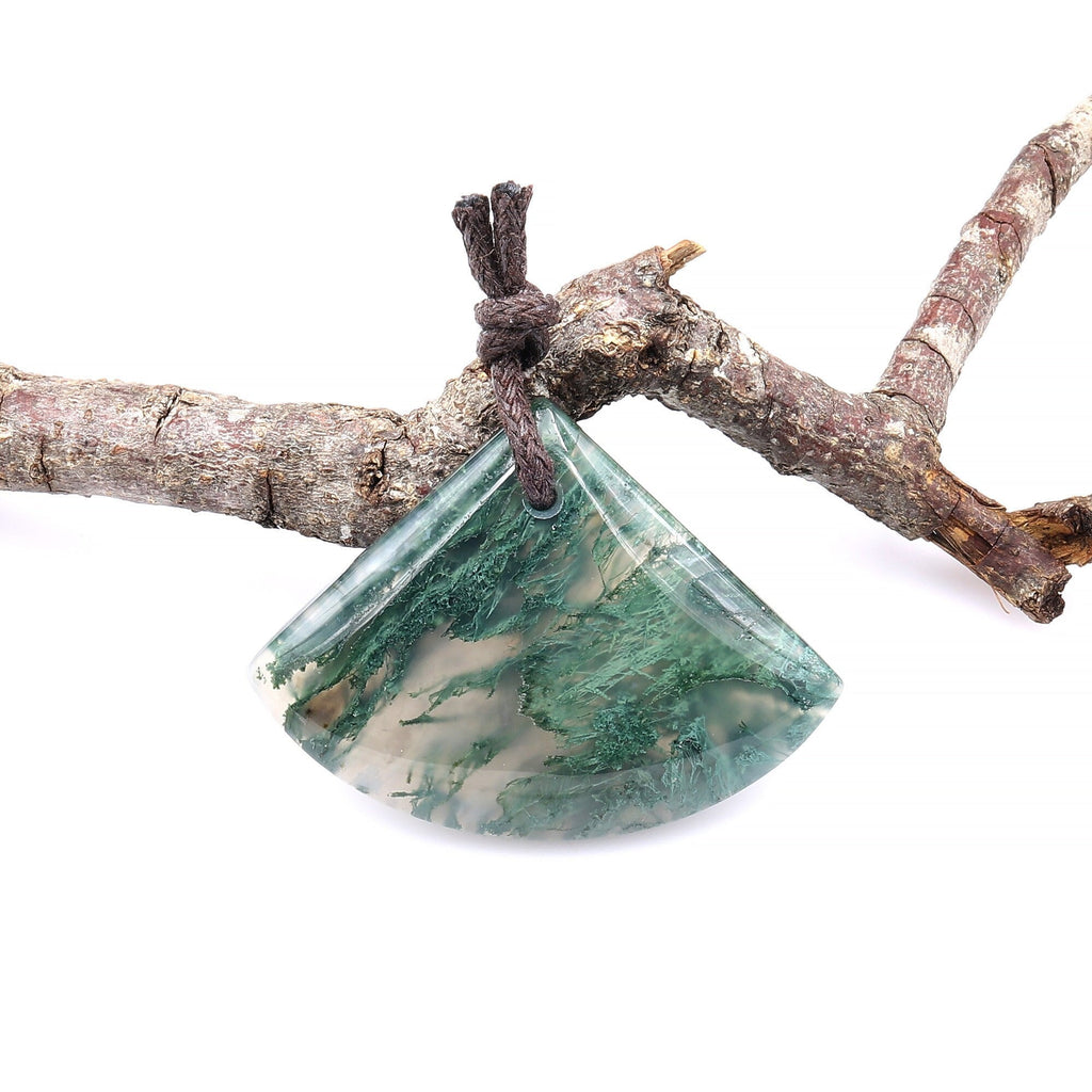 Large Natural Green Moss Agate Triangle Fan Shaped Pendant Gemstone Focal Bead A1