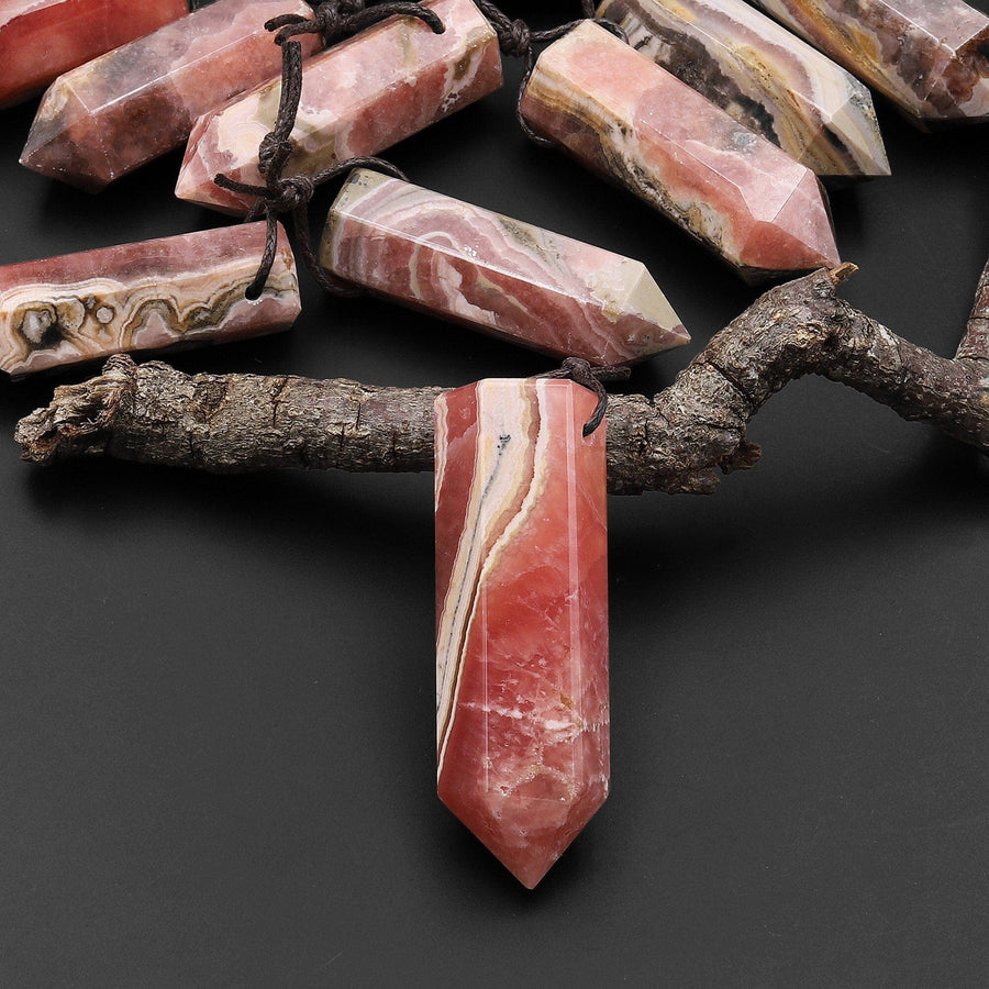 Natural Rhodochrosite Obelisk Point Pendant Side Drilled Tower Pendulum Healing Crystal A4