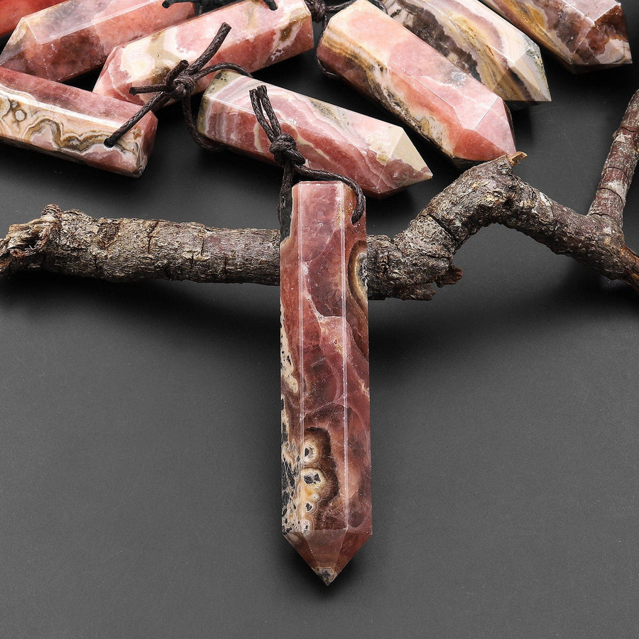 Natural Rhodochrosite Obelisk Point Pendant Side Drilled Tower Pendulum Healing Crystal A7