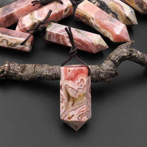 Natural Rhodochrosite Obelisk Point Pendant Side Drilled Tower Pendulum Healing Crystal A9