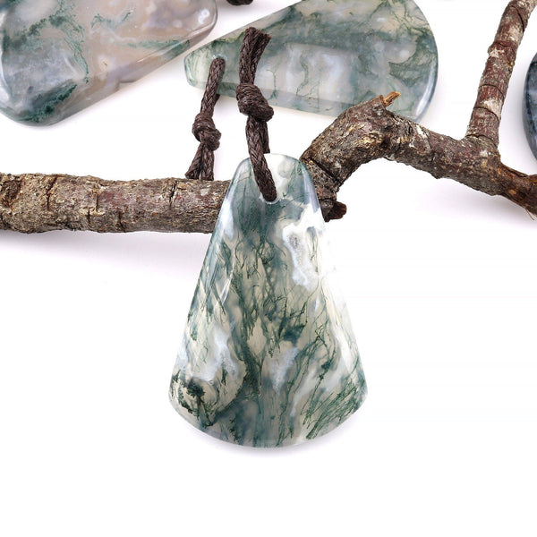 Large Natural Green Moss Agate Triangle Sheild Pendant Gemstone Focal Bead