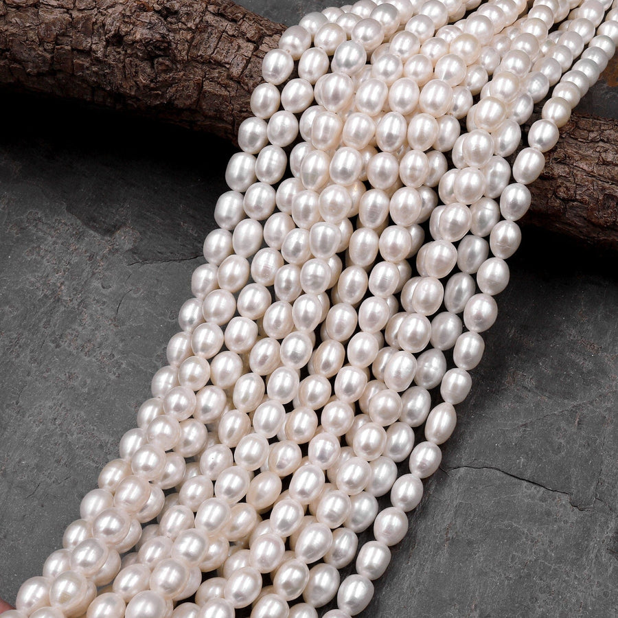 Genuine White Freshwater Potato Oval 5x7mm 6x8mm Pearl Shimmery Iridescent Classic White Pearl 15.5" Strand