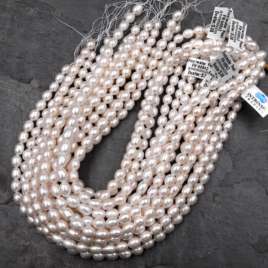Genuine White Freshwater Potato Oval 5x7mm 6x8mm Pearl Shimmery Iridescent Classic White Pearl 15.5" Strand