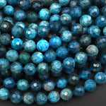 Faceted Natural Blue Apatite Round Beads 8mm Micro Laser Diamond Cut Teal Gemstone 15.5" Strand