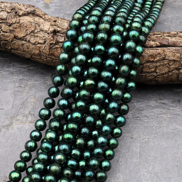 Genuine Emerald Green Pearl Freshwater Pearl 8mm Off Round Iridescent Classic Pearl 15.5" Strand
