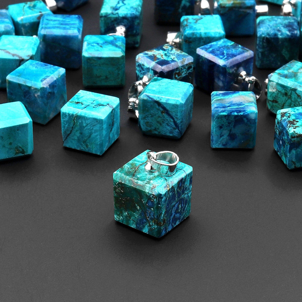 AAA Natural Azurite Chrysocolla Cube Dice Pendant 11mm From the Old Arizona Copper Mine A1