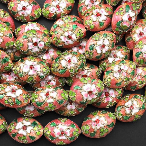 Golden Peach Green Red Cloisonné 20mm Beads Oval Decorative Floral Enamel 15.5" Strand