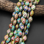 Mixed Blue Pink Green Peach Golden Cloisonné 20mm Beads Oval Decorative Floral Enamel 15.5" Strand