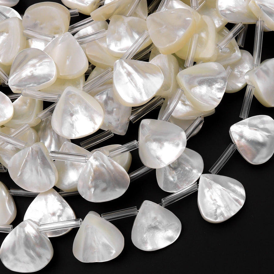 AAA Iridescent Hand Carved Natural White Mother of Pearl Sea Shell Pear Teardrop Shape 13mm 15mm Beads Strand