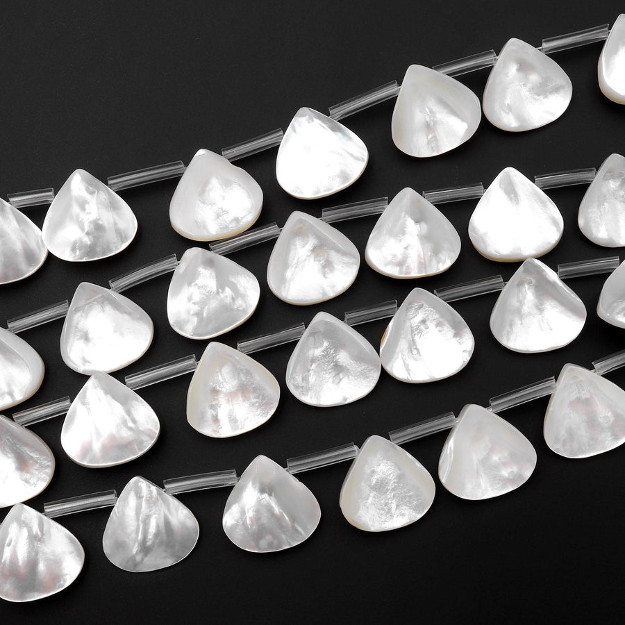 AAA Iridescent Hand Carved Natural White Mother of Pearl Sea Shell Pear Teardrop Shape 13mm 15mm Beads Strand