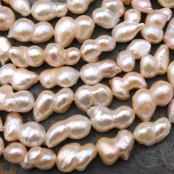 Genuine Natural White Peach Pink Freshwater Twin Baroque Pearl Center Drilled 15.5" Strand
