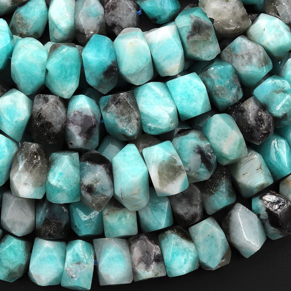 Large Faceted Natural Blue Amazonite Smoky Quartz Rectangle Rondelle Nugget Beads Center Drilled 15.5" Strand