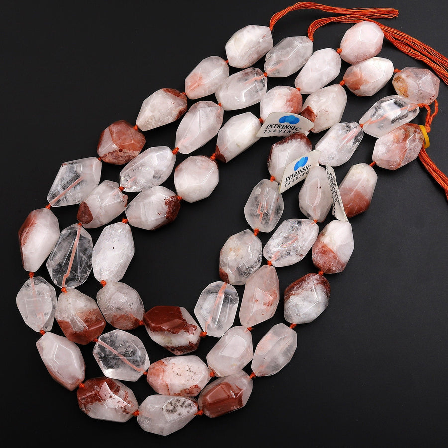 Large Faceted Lepidocrocite Quartz Beads Nuggets Healing Red Crystal 15.5" Strand