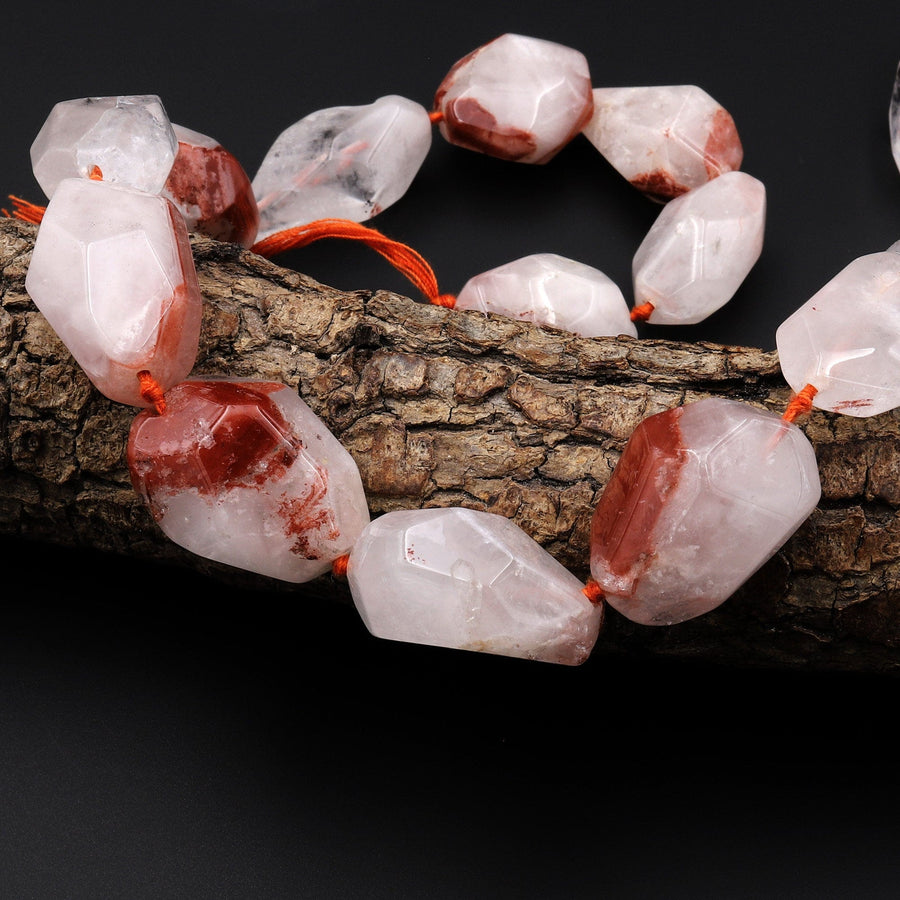 Large Faceted Lepidocrocite Quartz Beads Nuggets Healing Red Crystal 15.5" Strand
