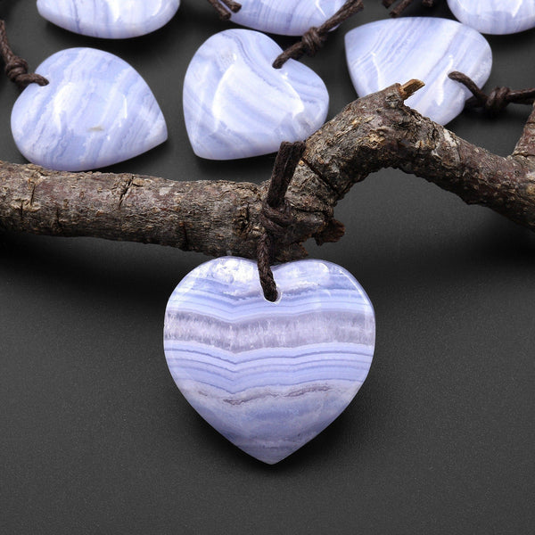 Natural Blue Lace Agate Heart Pendant Gemstone Focal Bead A1
