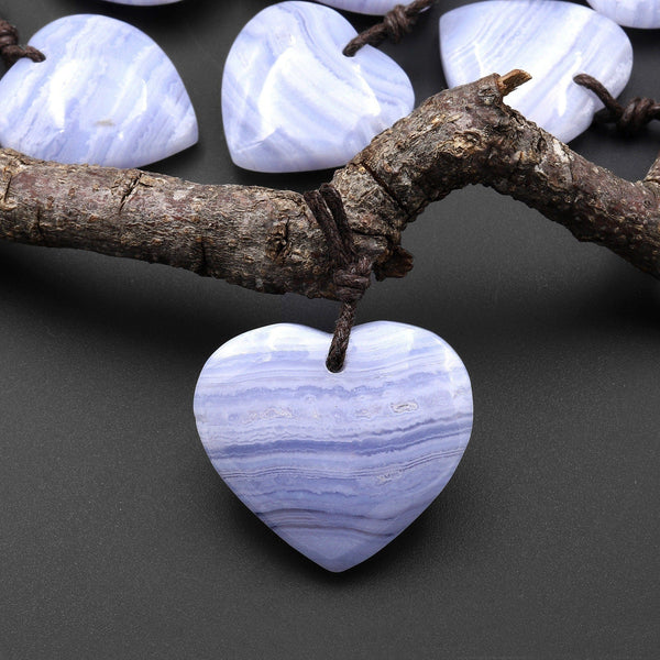 Natural Blue Lace Agate Heart Pendant Gemstone Focal Bead A2