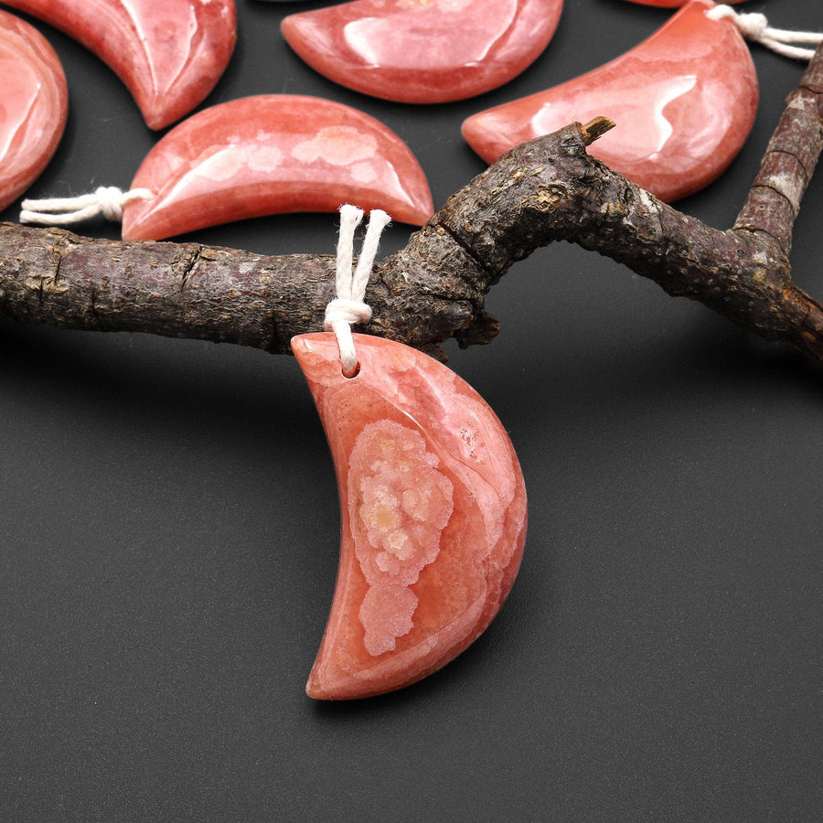 AAA Gemmy Natural Pink Red Rhodochrosite Crescent Moon Gemstone Pendant