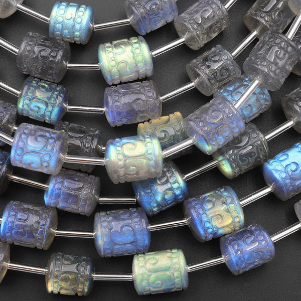 AAA Labradorite Hand Carved Tube Cylinder Gemstone Beads 10mm 12mm 14mm 15.5" Strand