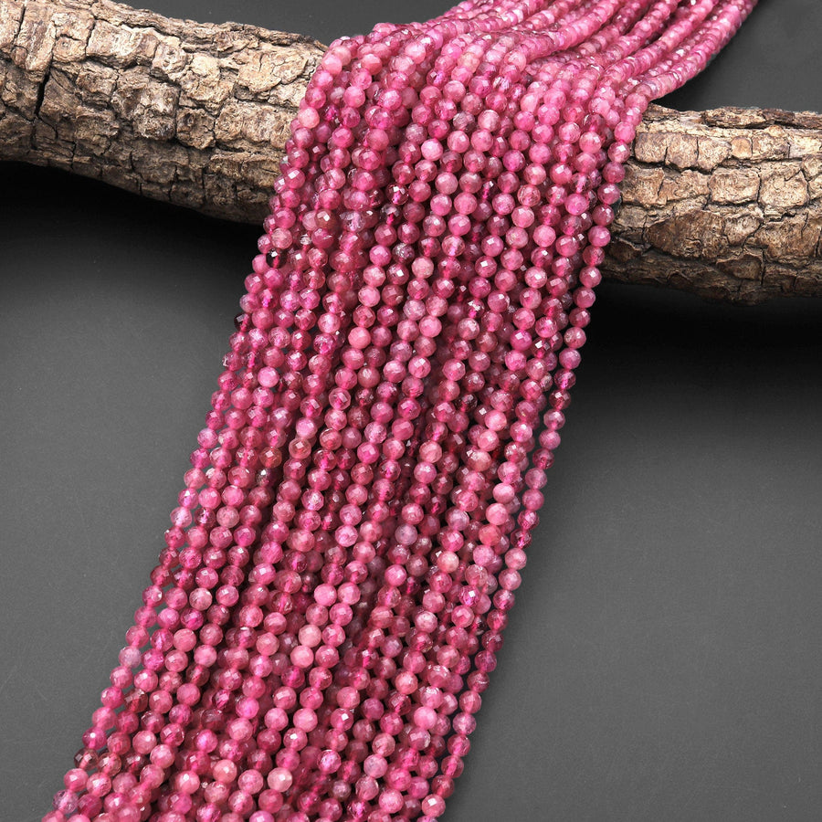 AAA Micro Faceted Natural Pink Tourmaline Faceted 4mm Round Beads Diamond Cut Gemstone 15.5" Strand