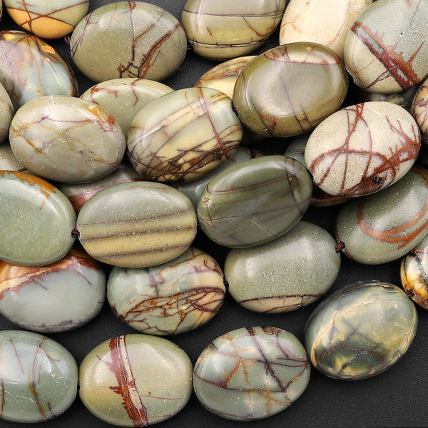 Natural Green Red Creek Jasper 13mm 16mm Oval Beads Earthy Green Brown 15.5" Strand