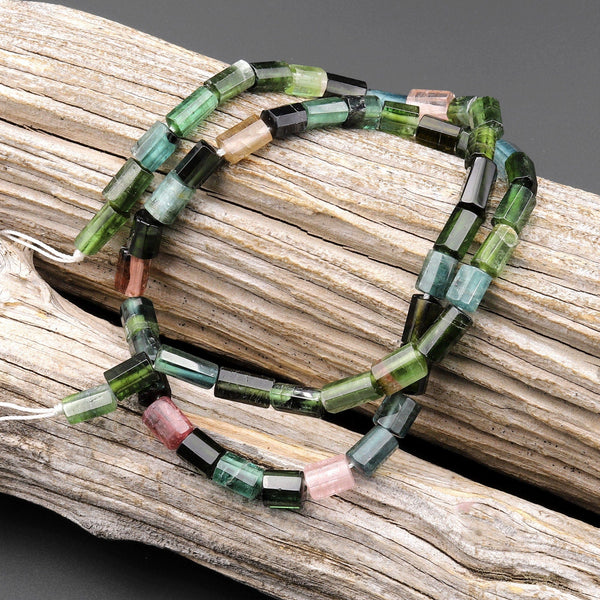Natural Green Blue Pink Watermelon Tourmaline Tube Beads 15.5" Strand