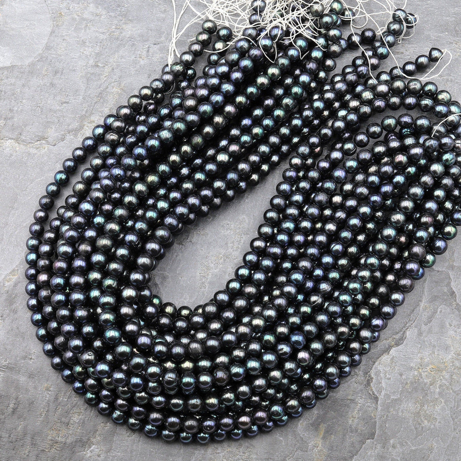Black Peacock Freshwater Pearl 7mm Round Shimmery Iridescent Real Genuine Pearl 15.5" Strand