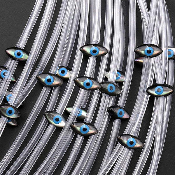 AAA Iridescent Natural Black Mother of Pearl Shell Blue Evil Eye Oval Beads 8mm