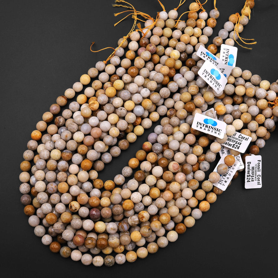 Faceted Natural Fossil Coral Round Beads 6mm 8mm 10mm 12mm Brown Tan Beige Beads 15.5" Strand
