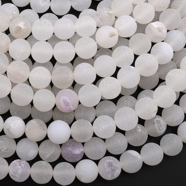 Matte Natural White Druzy Agate 8mm Round Beads With Quartz Crystal Pocket Cave 15.5" Strand