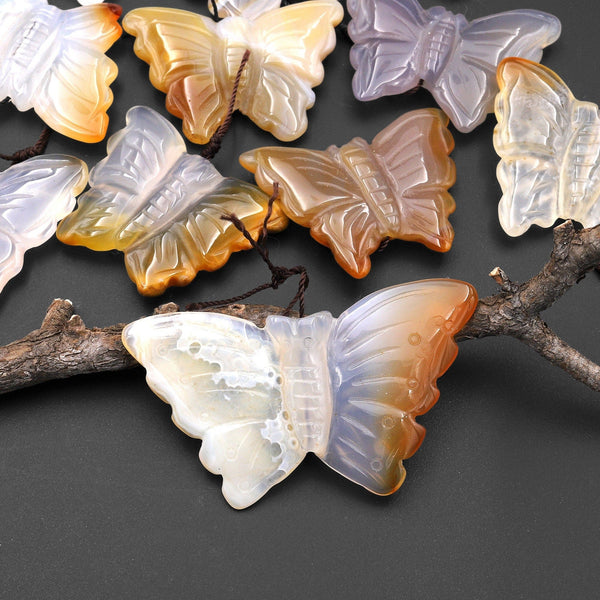 Hand Carved Natural Carnelian Agate Butterfly Pendant Vertically Drilled Gemstone Focal Bead A1