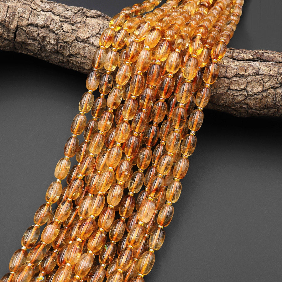 Natural Golden Citrine Smooth Drum Barrel Rice Beads 15.5" Strand