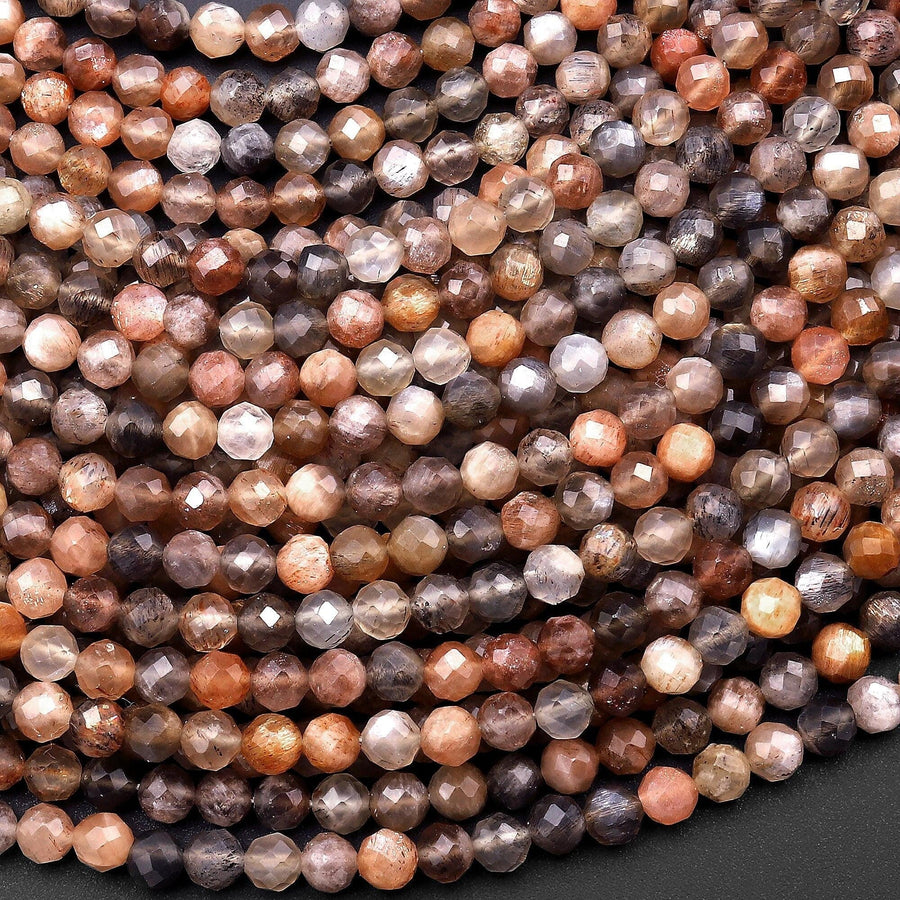 AAA Faceted Natural Sunstone Moonstone Round Beads 3mm 4mm 15.5" Strand