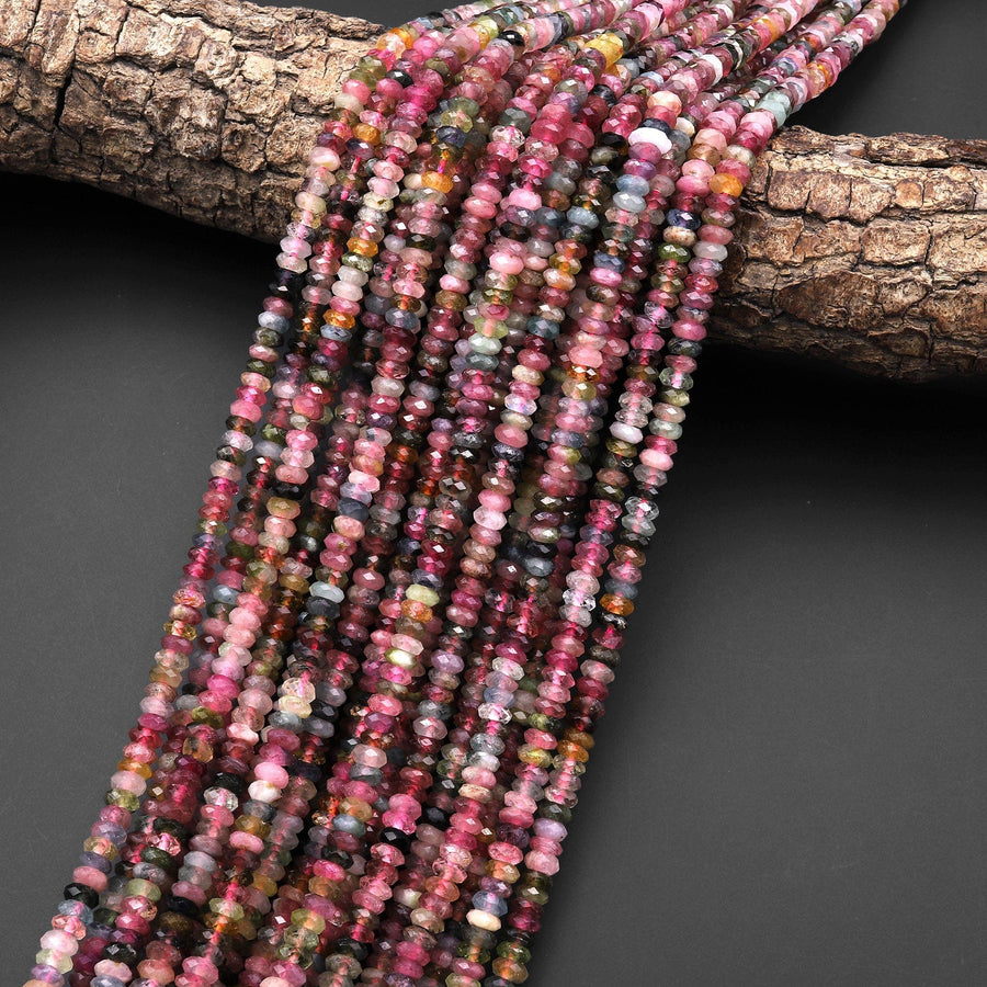 AA Natural Multicolor Watermelon Tourmaline Micro Faceted 5mm Thin Rondelle Beads Pink Green Blue Gemstone 15.5" Strand