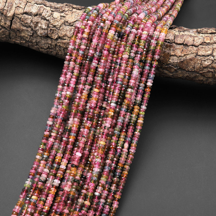 AAA Natural Multicolor Watermelon Tourmaline Micro Faceted 3mm Thin Rondelle Beads Pink Green Blue Gemstone 15.5" Strand