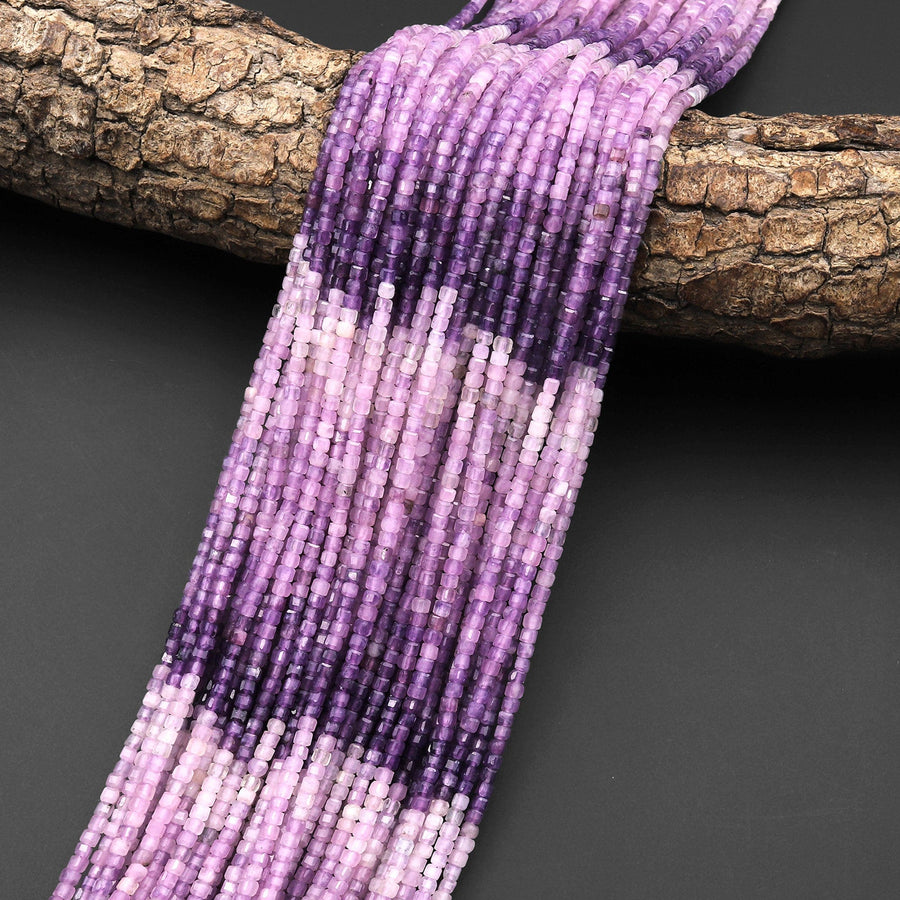 AAA Natural Lilac Purple Lepidolite Faceted 2mm Cube Square Beads 15.5" Strand