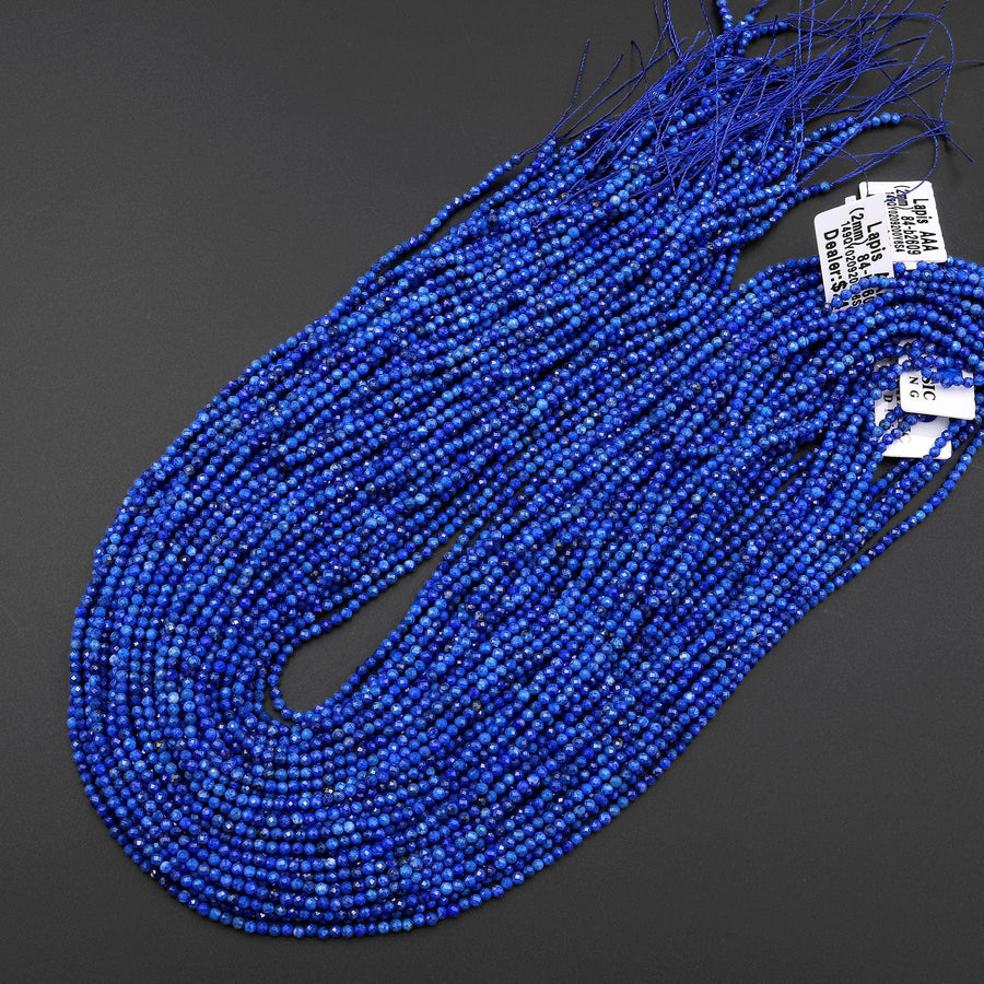 AAA Micro Faceted Natural Denim Blue Lapis Lazuli Round Beads 2mm Diamond Cut Gemstone 15.5" Strand