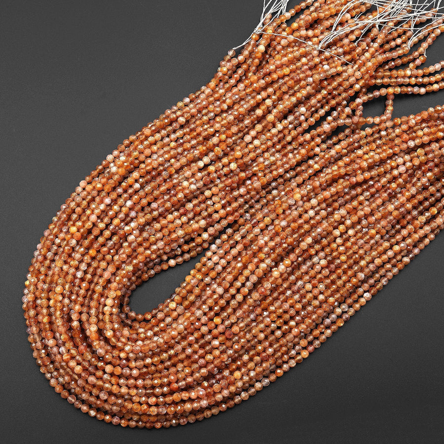 AAA Faceted Natural Golden Orange Brown Sunstone Round Beads 3mm Gemstone 15.5" Strand