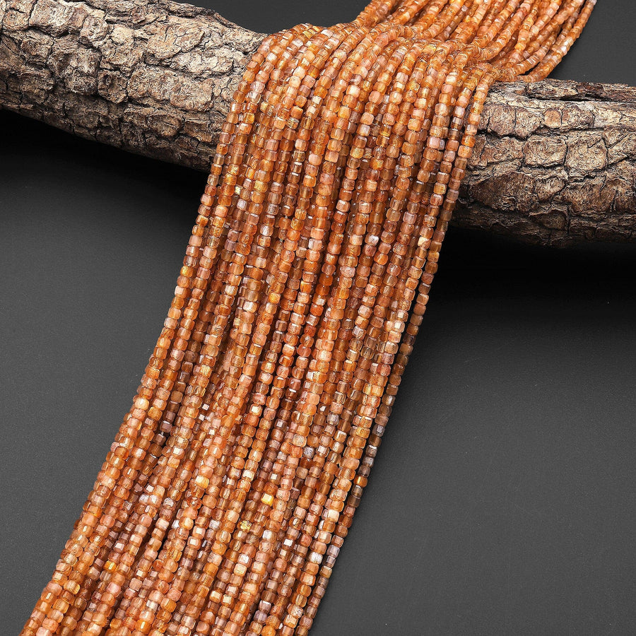 AAA Natural Golden Orange Brown Sunstone Faceted 2mm Cube Gemstone Beads 15.5" Strand