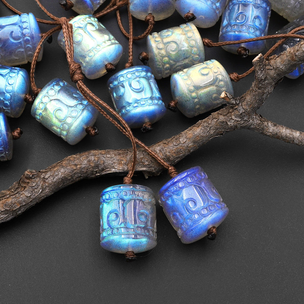 AAA Natural Labradorite Hand Carved Tube Cylinder Gemstone Matched Earring Pair Beads A2