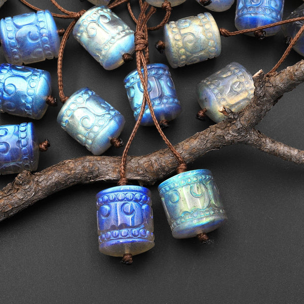 AAA Natural Labradorite Hand Carved Tube Cylinder Gemstone Matched Earring Pair Beads A3