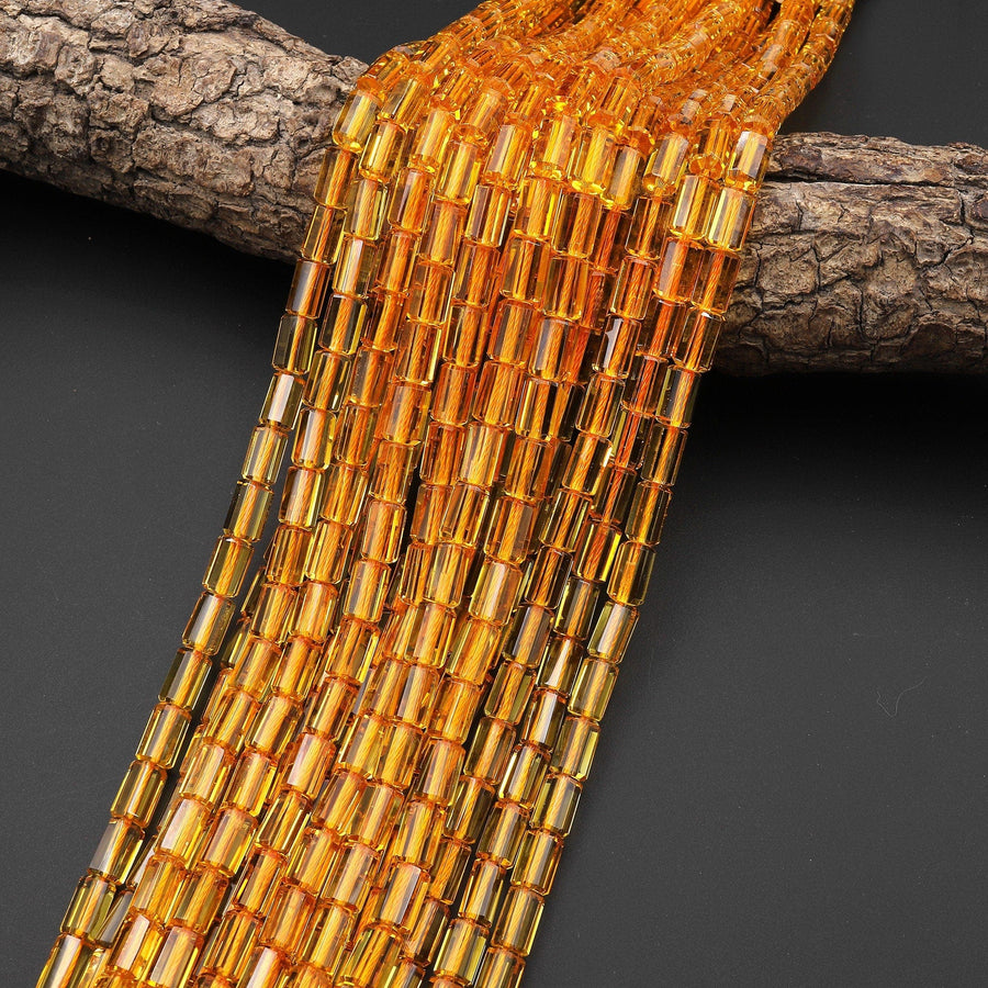 Faceted Golden Citrine Tube Cylinder Beads Gemstone 15.5" Strand