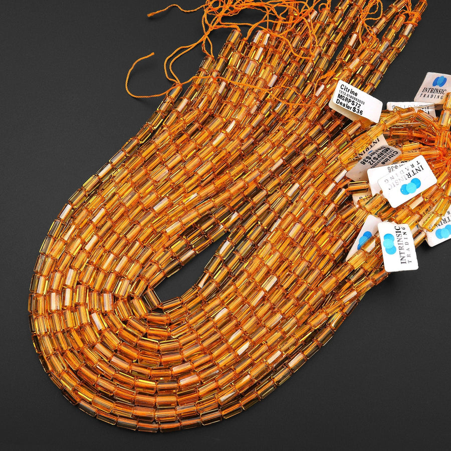Faceted Golden Citrine Tube Cylinder Beads Gemstone 15.5" Strand