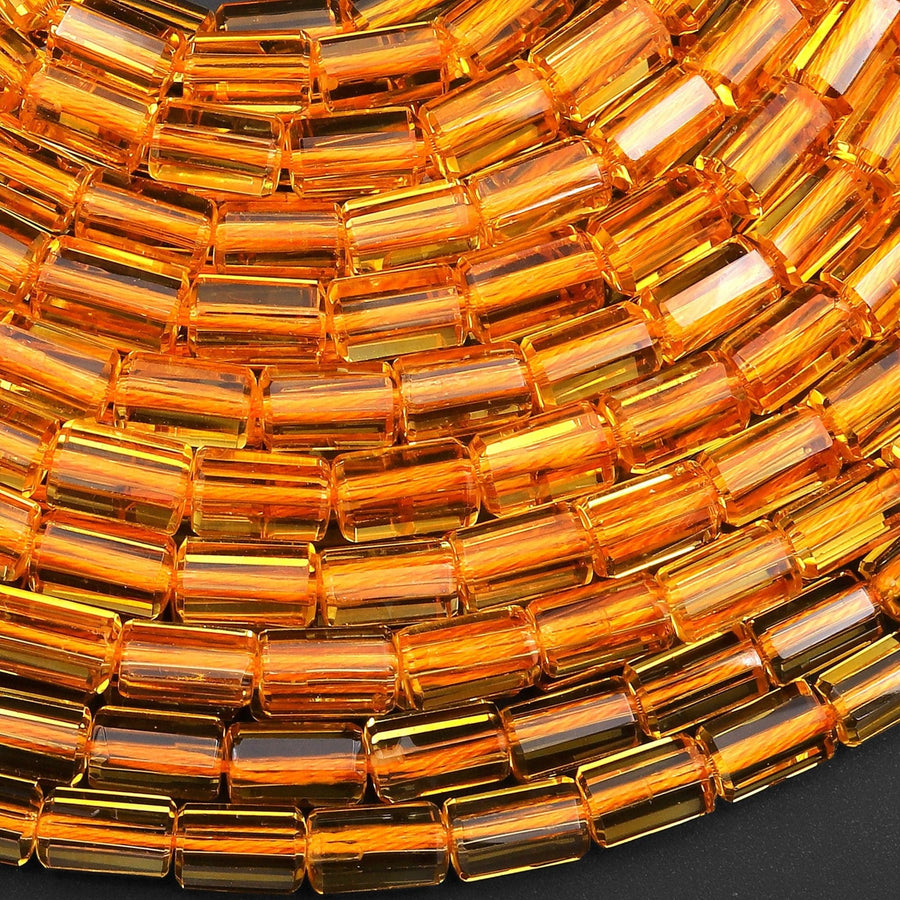 Faceted Golden Citrine Tube Cylinder Beads Gemstone 15.5" Strand
