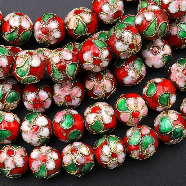 Hand Made Red Cloisonné Diamond Round Bead 10mm Decorative Floral 15.5" Strand
