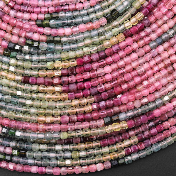 AAA Natural Tourmaline Faceted 2mm Pink Green Blue Cube Beads Gemstone 15.5" Strand