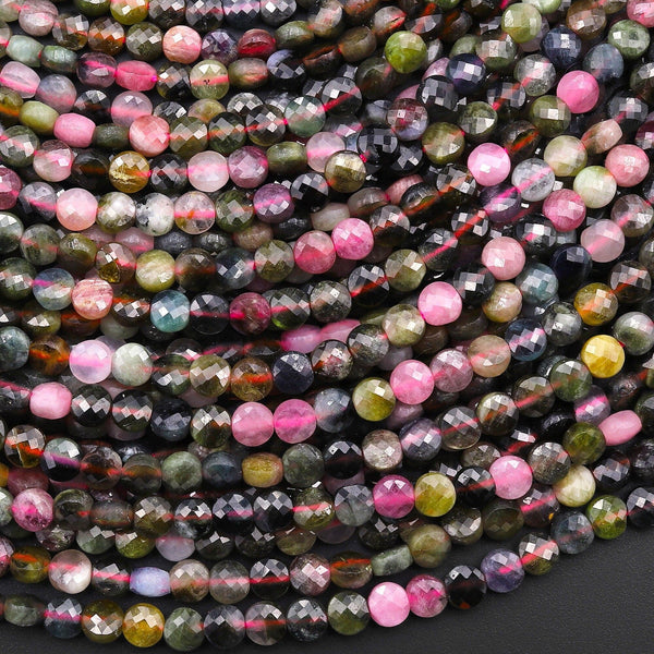 Faceted Natural Tourmaline Coin Beads 4mm 15.5" Strand