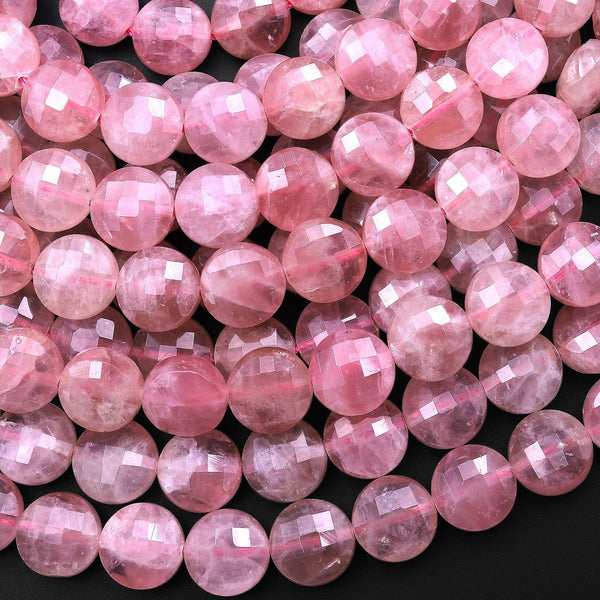 AAA Translucent Faceted Madagascar Mauve Pink Rose Quartz 10mm Coin Beads 15.5" Strand