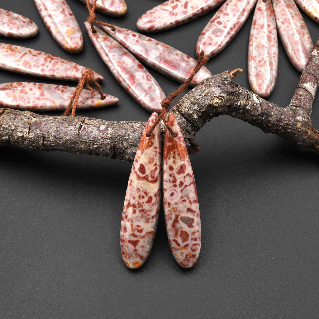 Natural Leopard Skin Orbicular Jasper Earring Pair Gemstone Drilled Matched Long Teardrop Beads A1