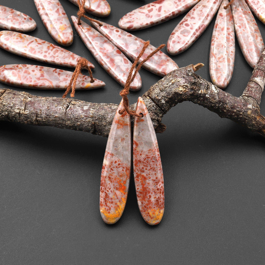 Natural Leopard Skin Orbicular Jasper Earring Pair Gemstone Drilled Matched Long Teardrop Beads A5