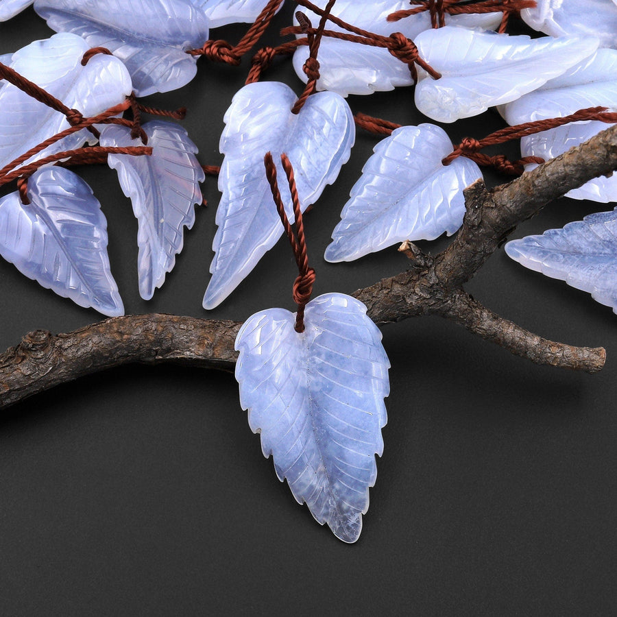 Hand Carved Natural Blue Chalcedony Lace Agate Leaf Pendant Bead Drilled Gemstone A2